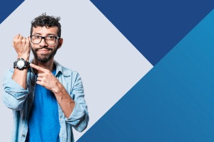 Man pointing at his watch to emphasise how quick and easy the ColoVantage Home bowel screening kit is to use, with no mess and no refrigeration needed